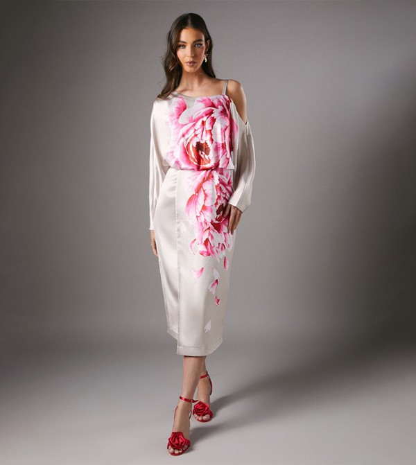 Printed One Shoulder Satin Midi Dress