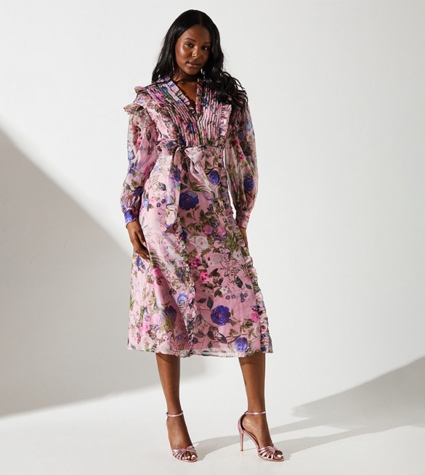 Printed Organza Frill Trim Midi Dress