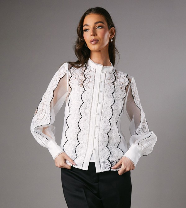 Lace Organza Long Sleeves Top