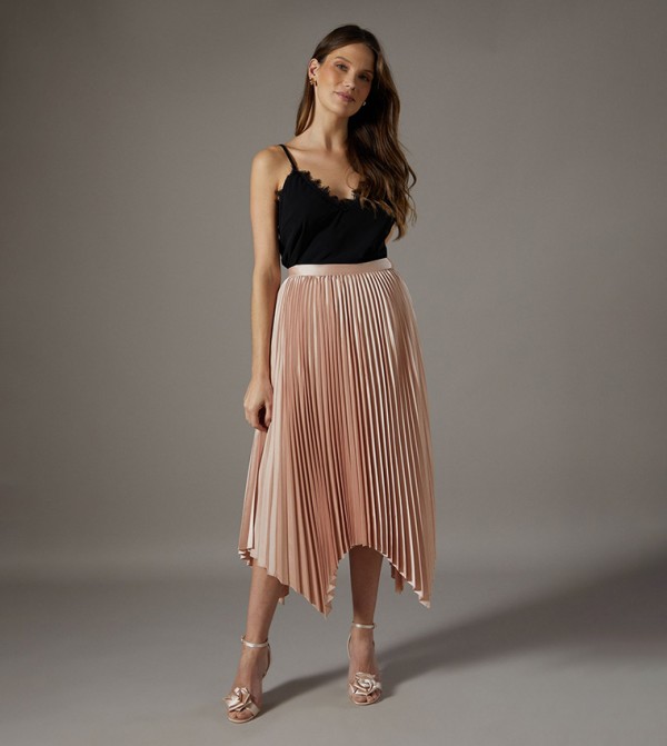 Pleated Satin Midi Skirt