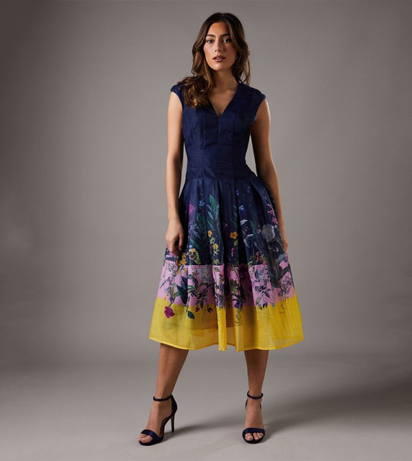 Printed Burnout Organza Drop Waist Midi Dress