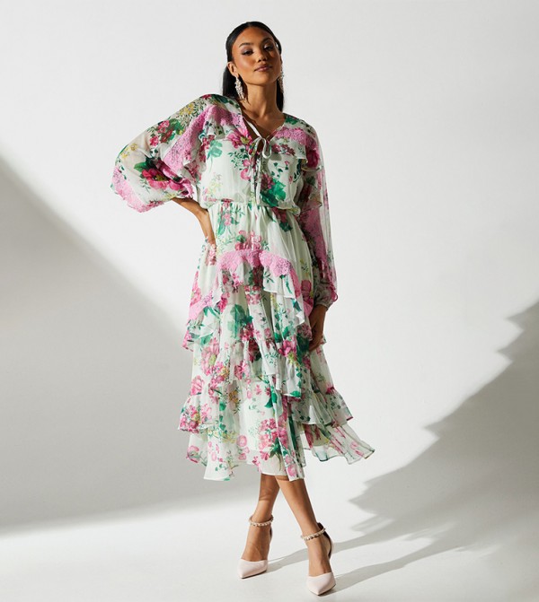 Printed Lace V-Neck Maxi Dress