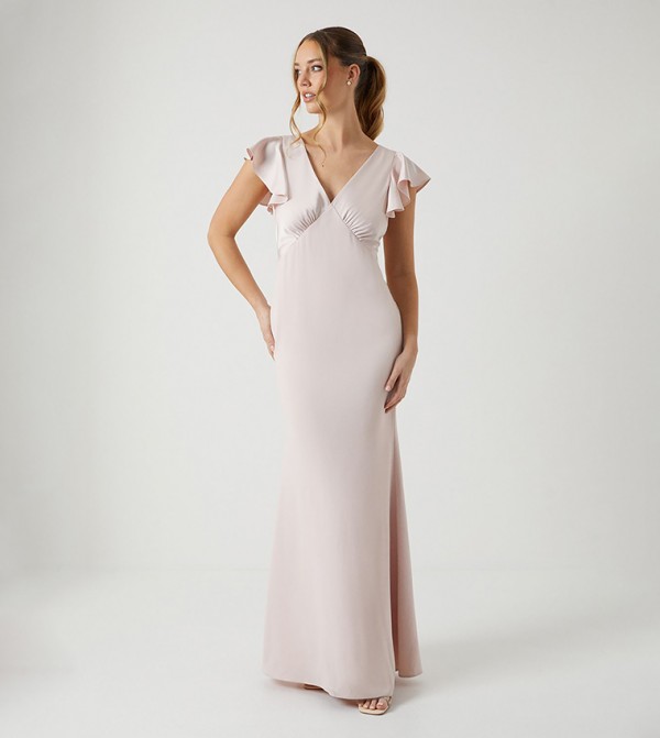 Honored V-Neck Short Sleeves Satin Maxi Bridesmaid Dress