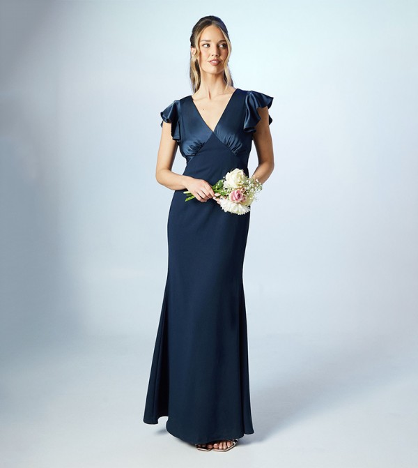 Solid V-Neck Satin Bridesmaids Maxi Dress