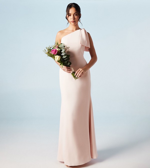 Bow One Shoulder Puddle Bridesmaids Maxi Dress