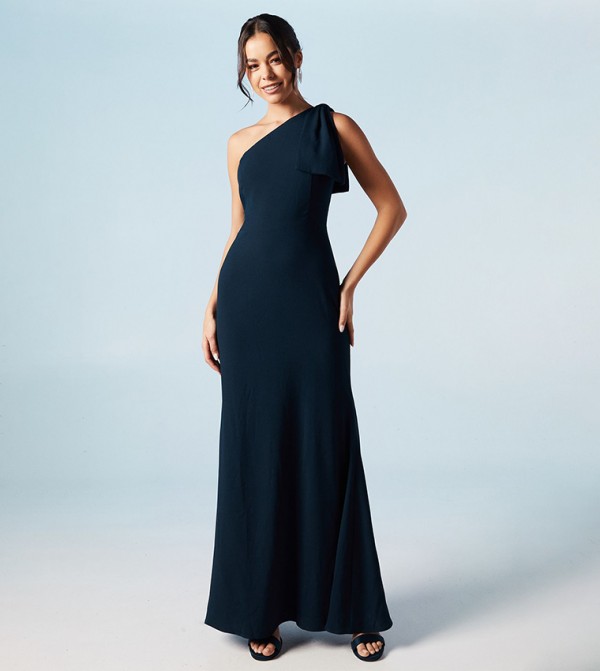 Bow One Shoulder Puddle Bridesmaids Maxi Dress