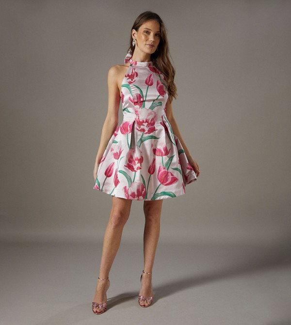 Floral Jacquard Halter Neck Mini Dress