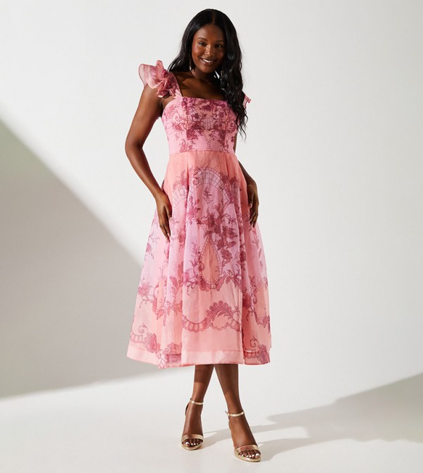 Frill Sleeves Square Neck Midi Dress