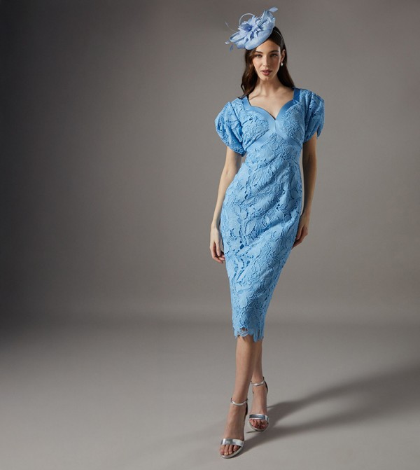 Lace Short Sleeves Fitted Midi Dress