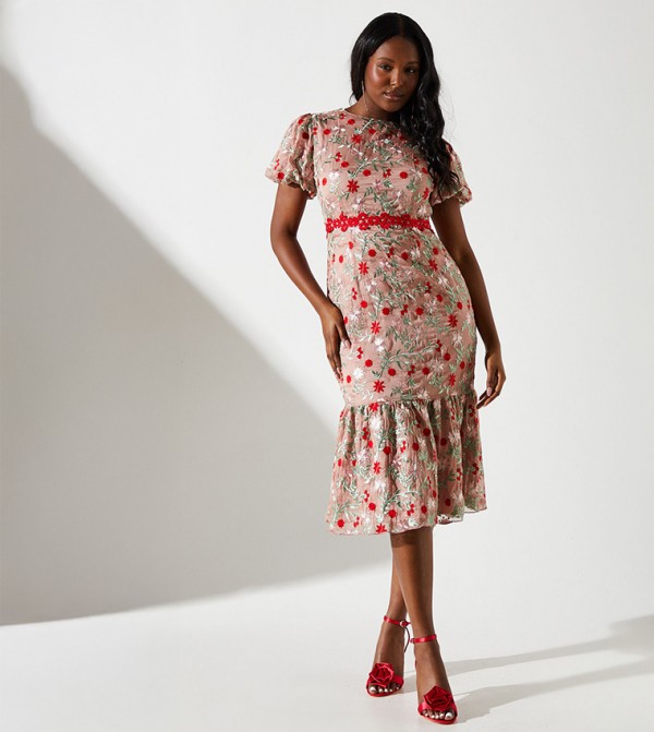 Floral Embroidered Lace Trim Midi Dress