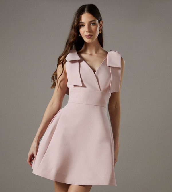 Solid Bow Straps Skater Mini Dress