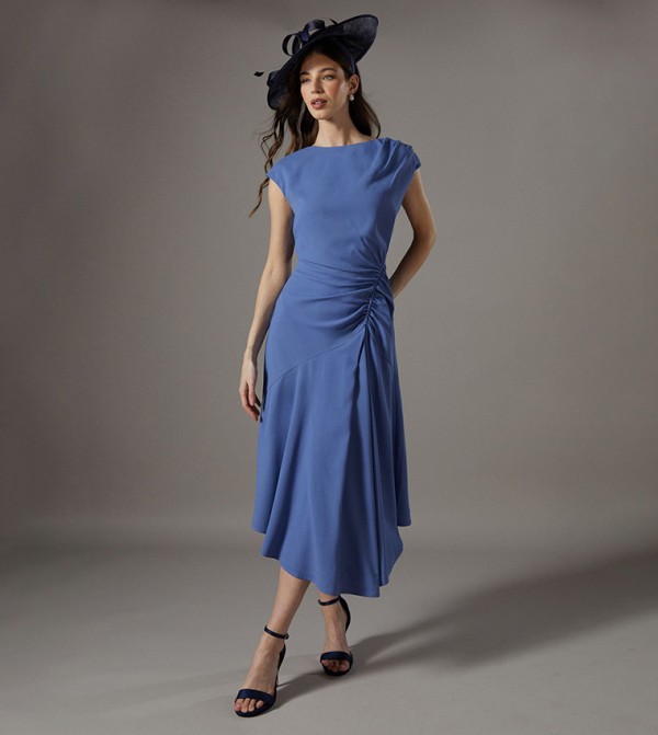 Ruched Cap Sleeves Midi Dress