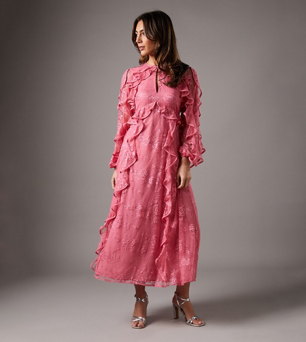 Lace Long Sleeves Ruffle Midaxi Dress