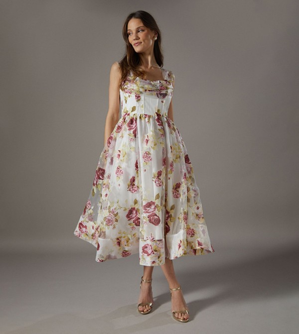 Floral Printed Bodice Organza Midi Dress