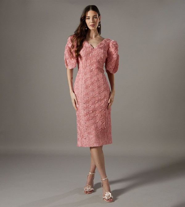 Floral Pleated Sleeves Pencil Midi Dress