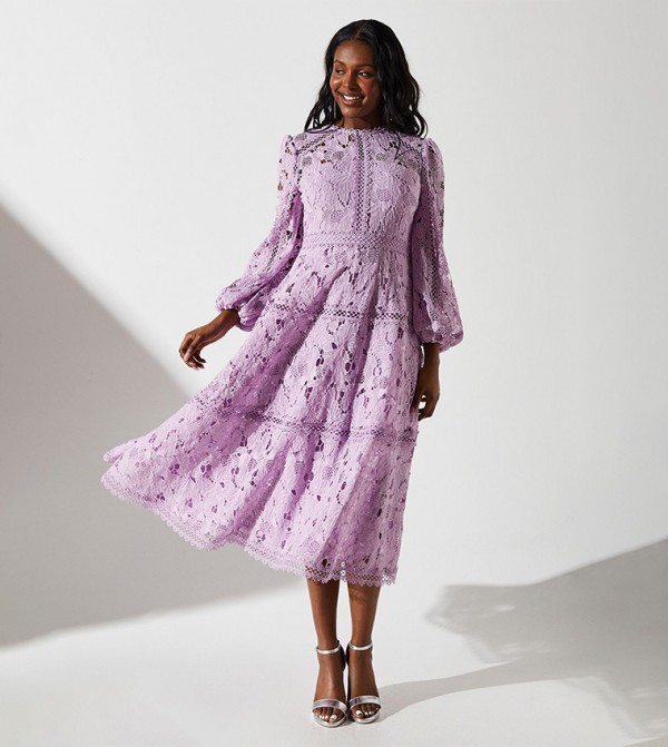 Lace Panelled Long Sleeves Midi Dress
