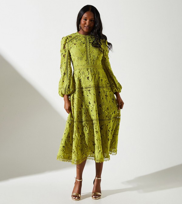 Lace Panelled Long Sleeves Midi Dress