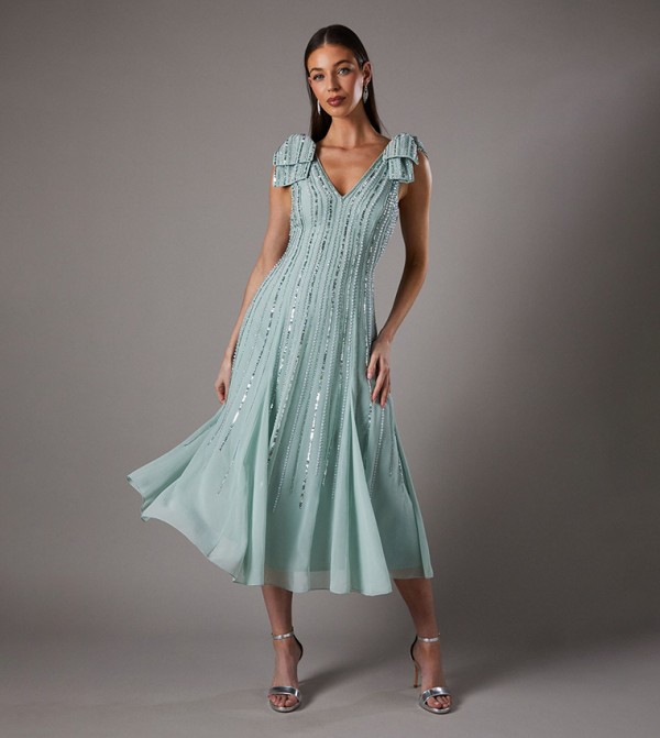 Bow Shoulder Embellished Midi Dress