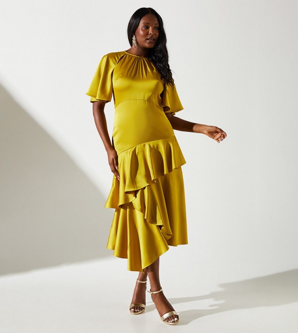 Solid Short Sleeves Satin Midi Dress