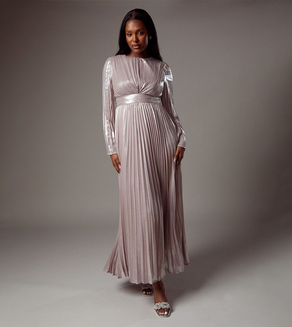 Metallic Pleated Long Sleeves Maxi Dress