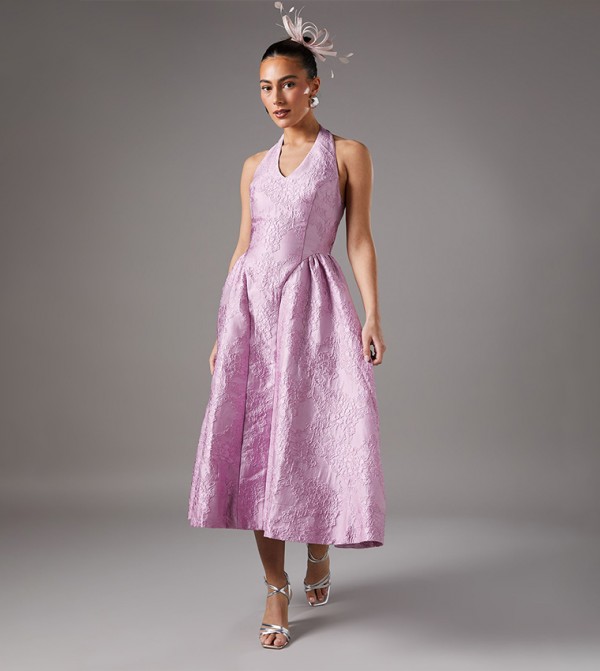 Jacquard Halterneck Drop Princess Waist Midi Dress