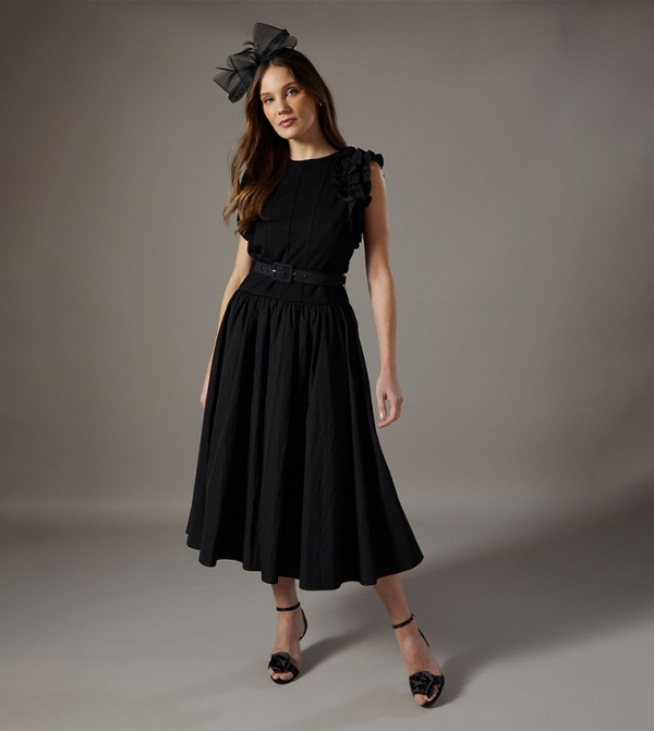 Taffeta Ruffle Belted Midi Dress