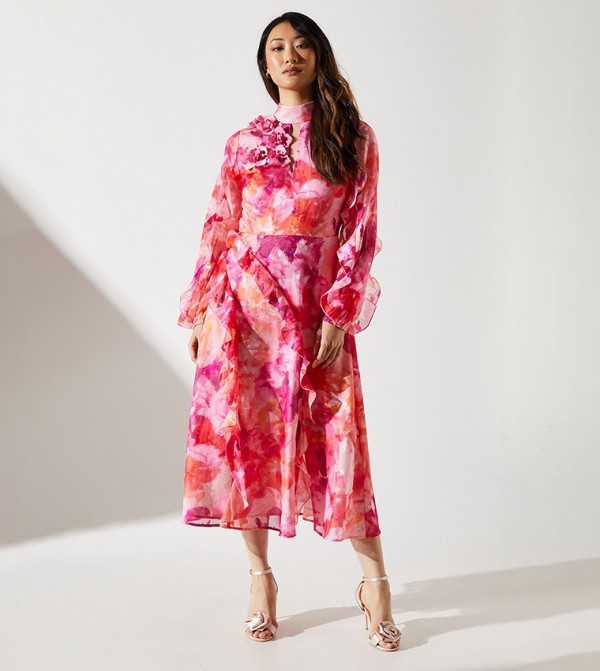 Printed Jacquard Ruffle Midi Dress