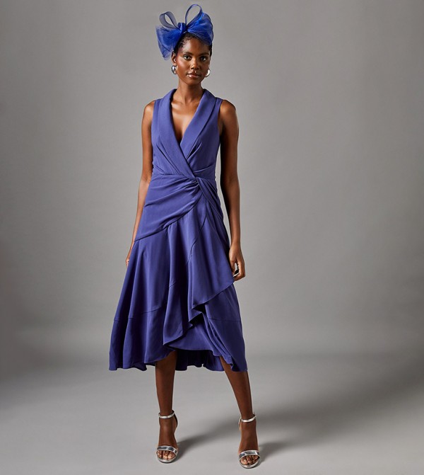 Shawl Collar Ruffle Hem Midi Dress