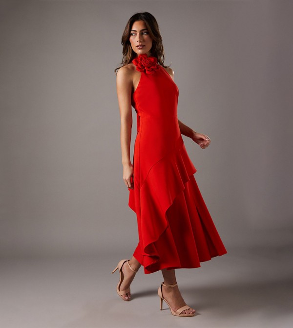 Corsage Detail High Neck Midi Dress