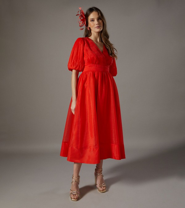 Textured Balloon Sleeves Organza Midi Dress