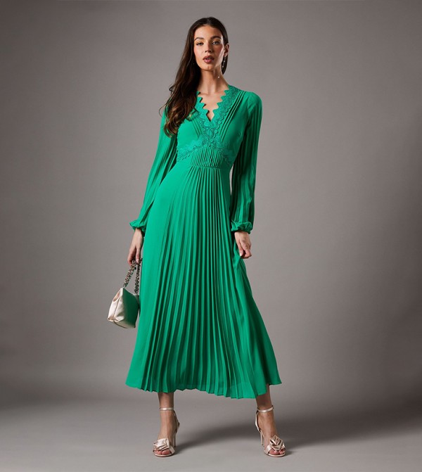Pleated Detail Lace Trim Maxi Dress