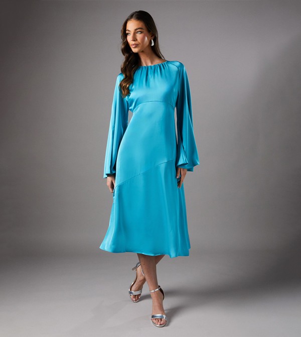 Solid Flared Sleeves Satin Shift Midi Dress