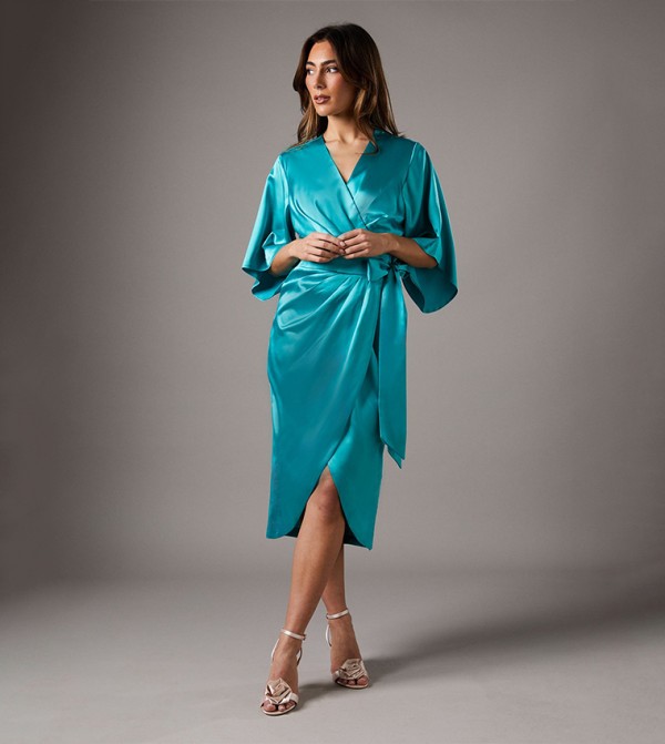 Satin Pleated Front Midi Dress