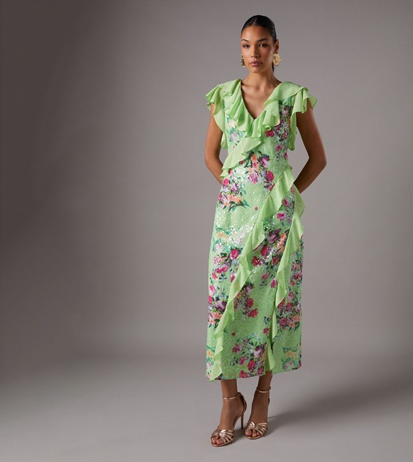 All Over Sequin Floral Frill Midi Dress