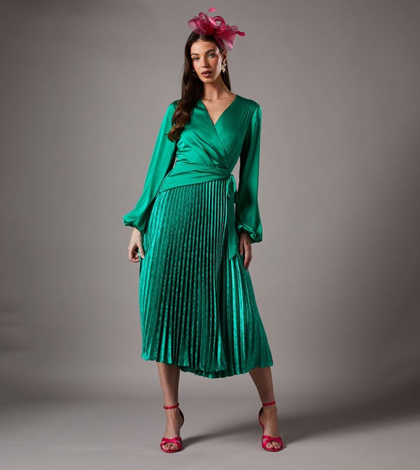 Accordion Pleated Long Sleeves Wrap Dress