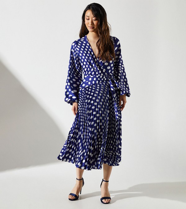 Polka Dots Pleated Wrap Midi Dress