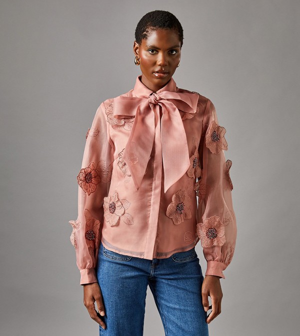 Floral Applique Organza Long Sleeves Shirt
