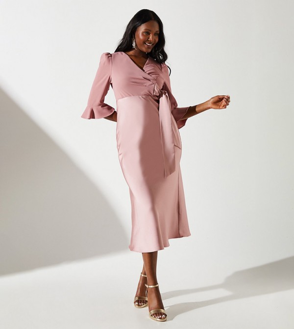 Solid Satin Mix Wrap Midi Dress
