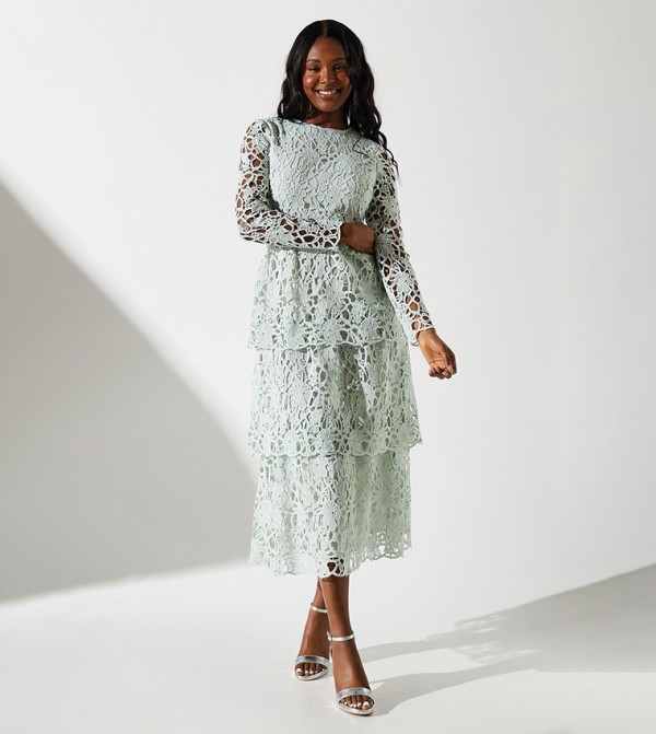Tiered Lace Long Sleeves Midi Dress