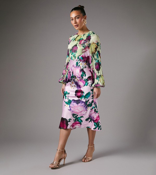 Mixed Print Chiffon Top Satin Skirt Midi Dress