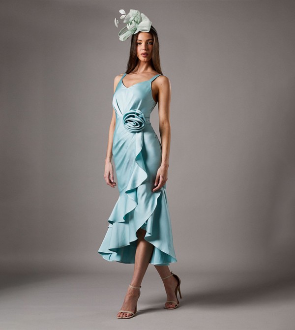 Petite Corsage Crepe Ruffle Midi Dress
