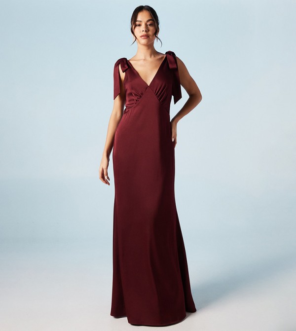 Satin Back Crepe Tie Shoulder Bridesmaids Maxi Dress