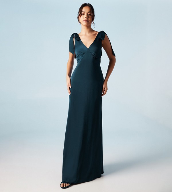 Satin Back Crepe Tie Shoulder Bridesmaids Maxi Dress