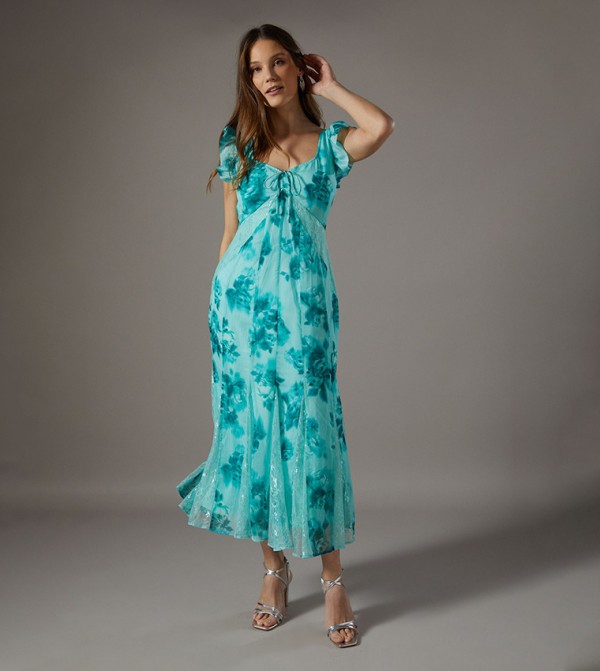 Floral Printed Lace Insert Midaxi Dress