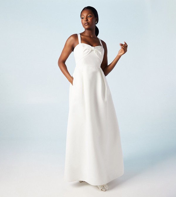 Structured Satin Bow Bodice Full Skirted Maxi Wedding Dress