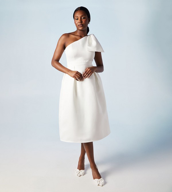 Statement Bow Off Shoulder Bridal Midi Dress