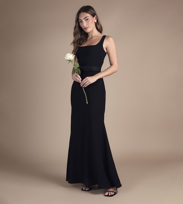 Square Neck Bow Detail Crepe Maxi Bridesmaid Dress