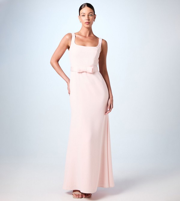 Square Neck Bow Detail Crepe Maxi Dress