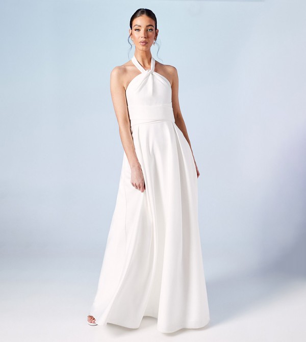 Structured Satin Halterneck Bow Back Maxi Wedding Dress