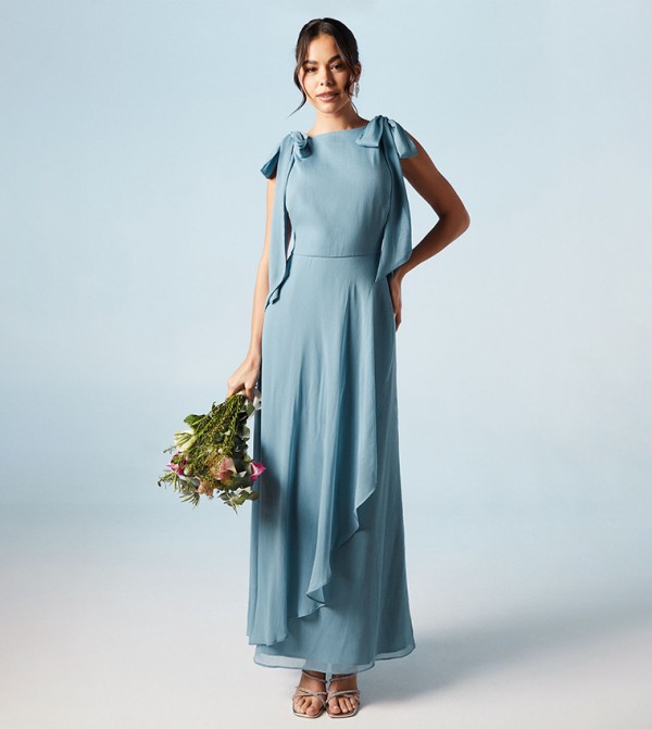 Tie Shoulder Waterfall Chiffon Bridesmaids Maxi Dress